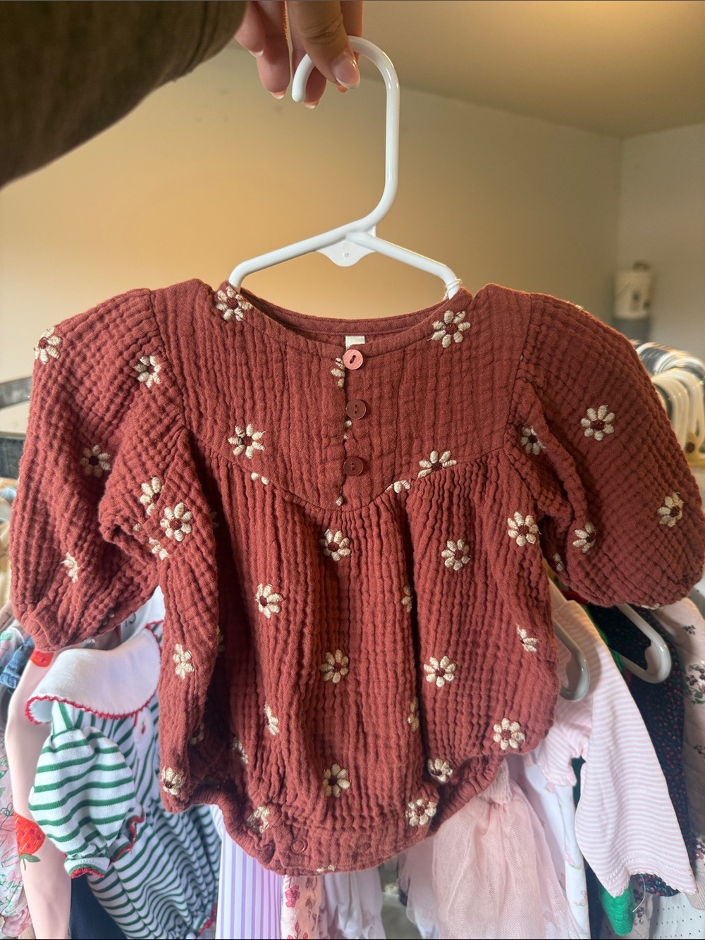 Rylee + Cru Rust Bubble Top with Cream Daisy Embroidery